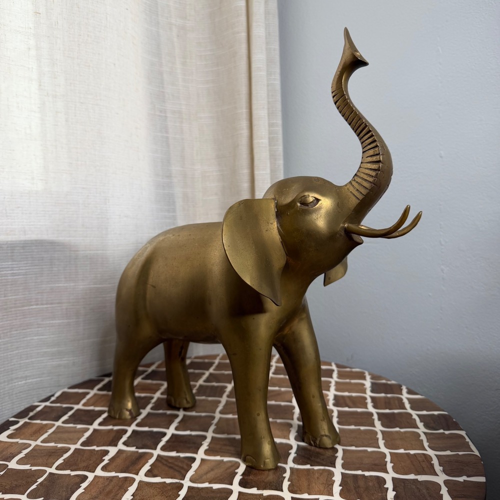 Vintage 13.5" Brass Elephant Figurine Trunk Up Lucky Statue Boho 4 lbs 8 oz
